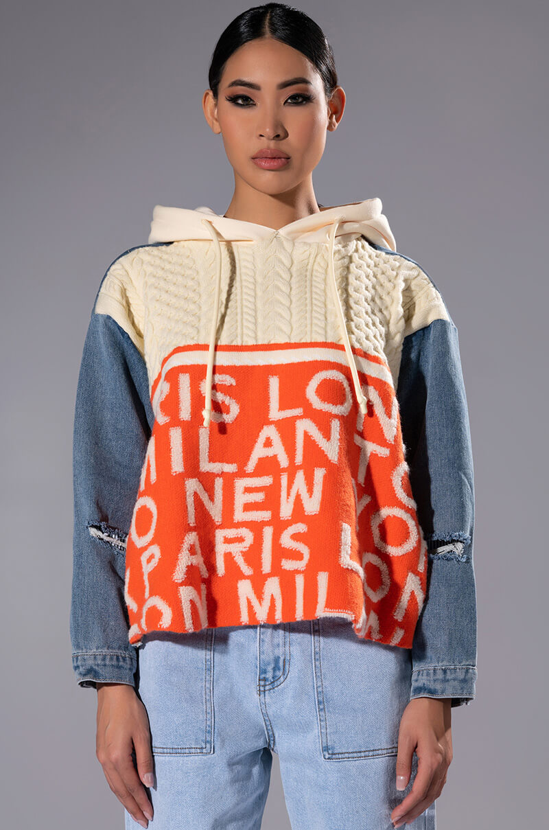 WORLD TRAVELER DENIM DETAIL SWEATER