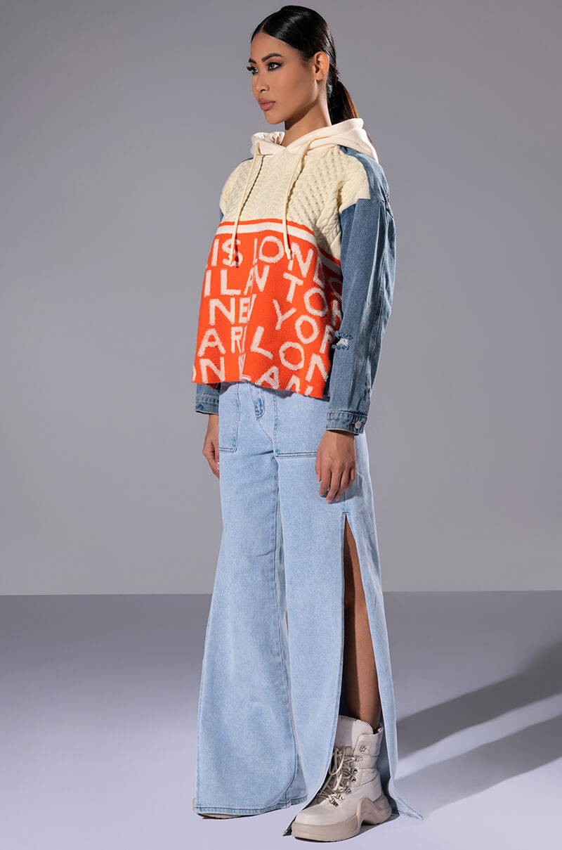 WORLD TRAVELER DENIM DETAIL SWEATER