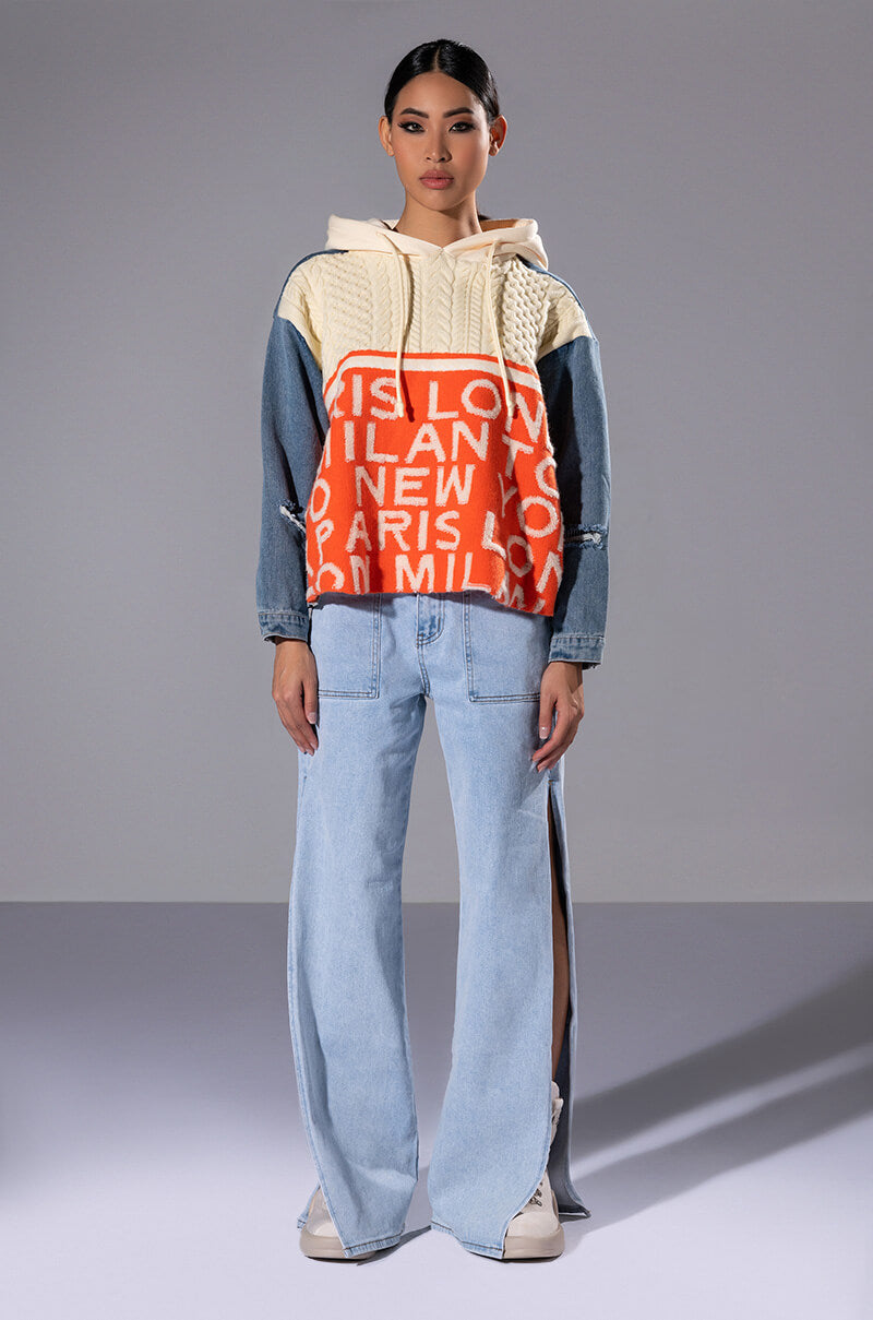 WORLD TRAVELER DENIM DETAIL SWEATER