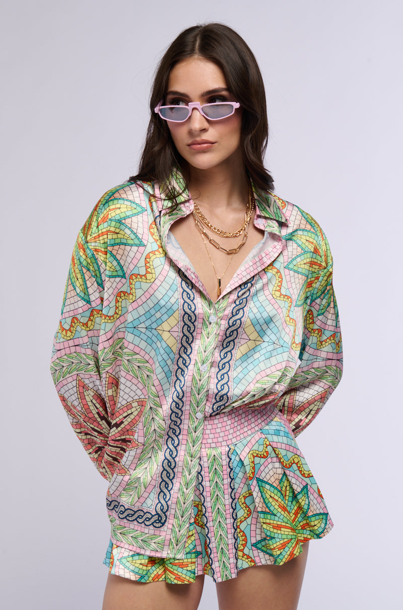 YACHT LIFE PRINTED SATIN BUTTON DOWN SHIRT